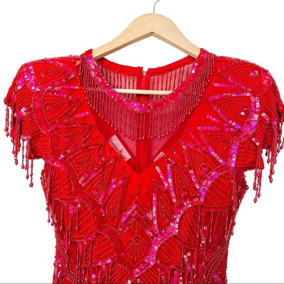 VTG 100% Silk 80s Fringed Beadwork Flapper Dress S - Picture 5 of 15